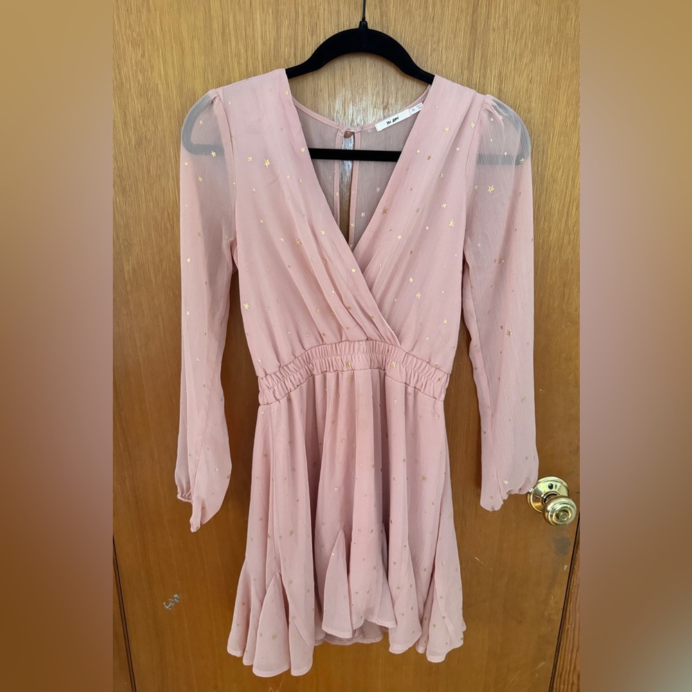 Mon Ami Pink Long-Sleeve Dress w/ Metallic Gold Stars